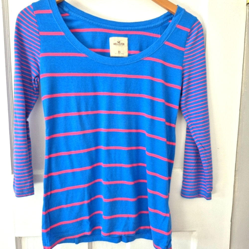 Hollister Vintage Y2K 3/4 Sleeve Blue Pink Striped Scoop Neck Rugby Top Sz XS